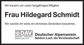 Traueranzeige von Hildegard Schmidt von Pegnitz-Zeitung